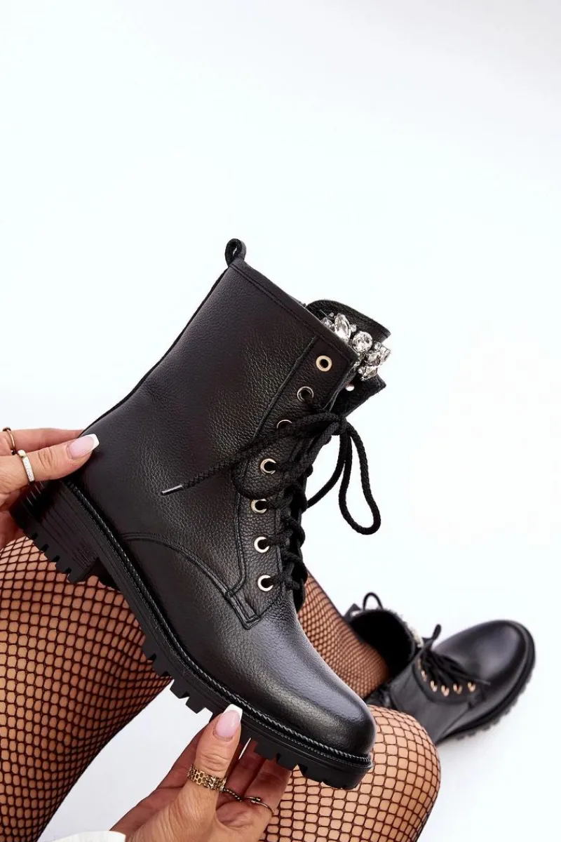 Botki Ocieplane|Botki Skórzane>Zazoo Skórzane Damskie Botki Workery Z Ozdobą 1757 Czarne