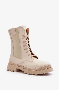 Clearance Skórzane Damskie Botki Workery Sznurowane Jasnobeżowe Nicole 2836 Damskie Damskie Trapery|Botki Skórzane