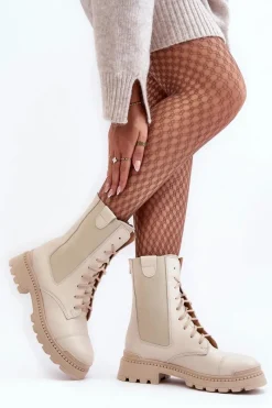 Clearance Skórzane Damskie Botki Workery Sznurowane Jasnobeżowe Nicole 2836 Damskie Damskie Trapery|Botki Skórzane