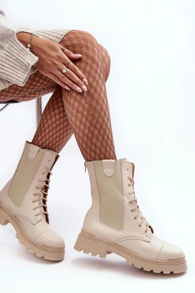 Clearance Skórzane Damskie Botki Workery Sznurowane Jasnobeżowe Nicole 2836 Damskie Damskie Trapery|Botki Skórzane