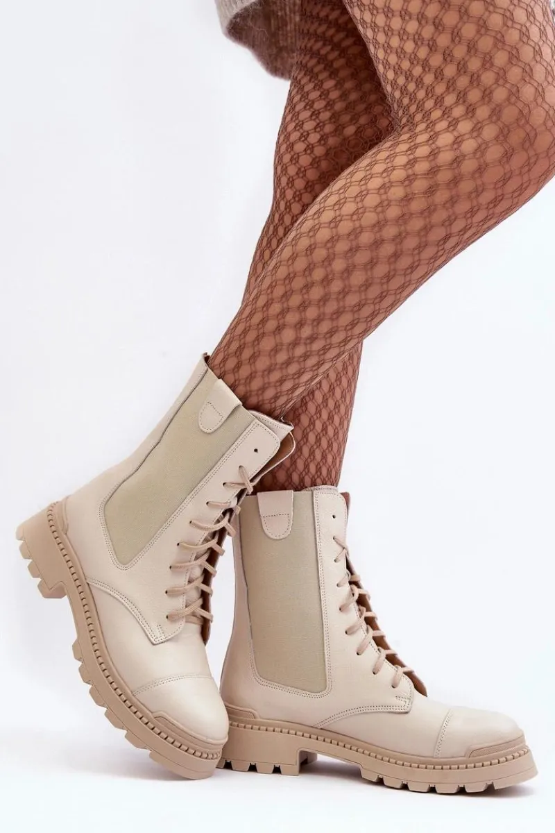 Clearance Skórzane Damskie Botki Workery Sznurowane Jasnobeżowe Nicole 2836 Damskie Damskie Trapery|Botki Skórzane