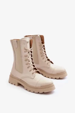 Clearance Skórzane Damskie Botki Workery Sznurowane Jasnobeżowe Nicole 2836 Damskie Damskie Trapery|Botki Skórzane