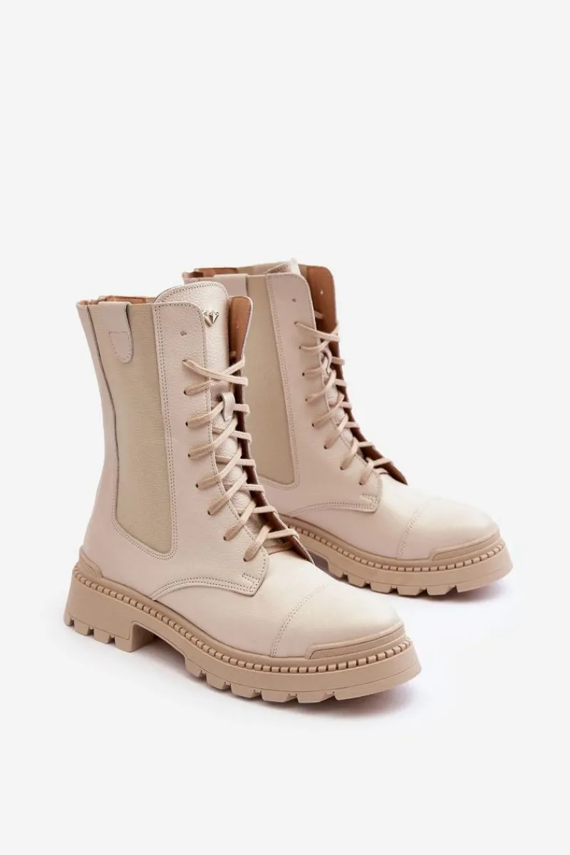 Clearance Skórzane Damskie Botki Workery Sznurowane Jasnobeżowe Nicole 2836 Damskie Damskie Trapery|Botki Skórzane