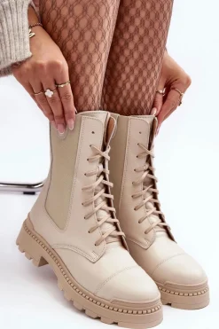 Clearance Skórzane Damskie Botki Workery Sznurowane Jasnobeżowe Nicole 2836 Damskie Damskie Trapery|Botki Skórzane