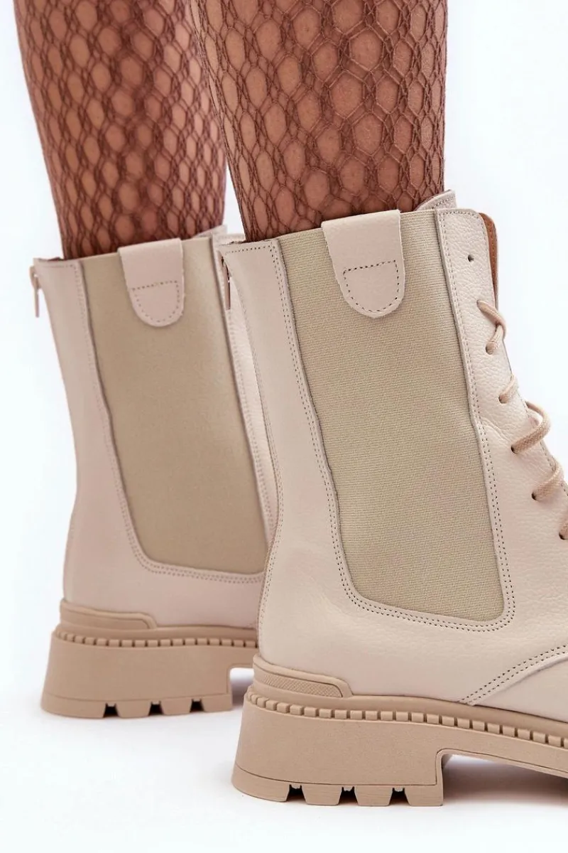 Clearance Skórzane Damskie Botki Workery Sznurowane Jasnobeżowe Nicole 2836 Damskie Damskie Trapery|Botki Skórzane