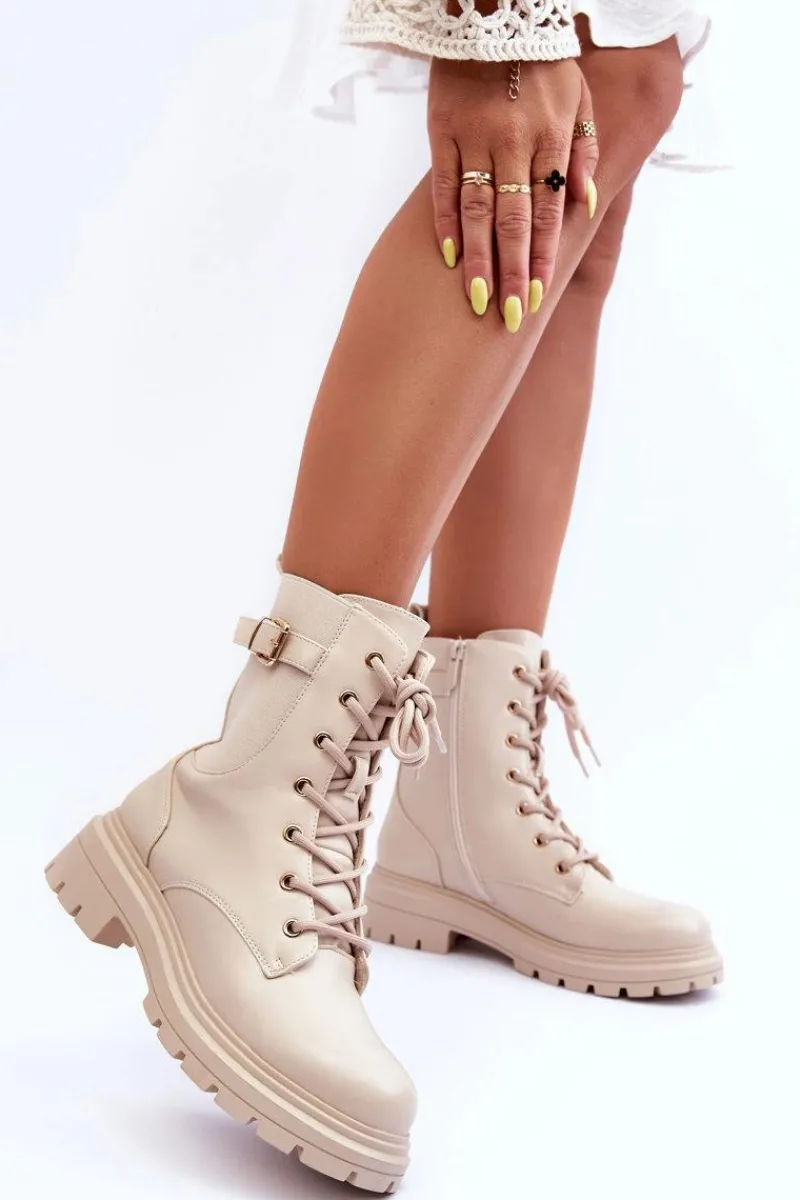 Hot Boto Skórzane Damskie Botki Workery Beżowe Chrezy