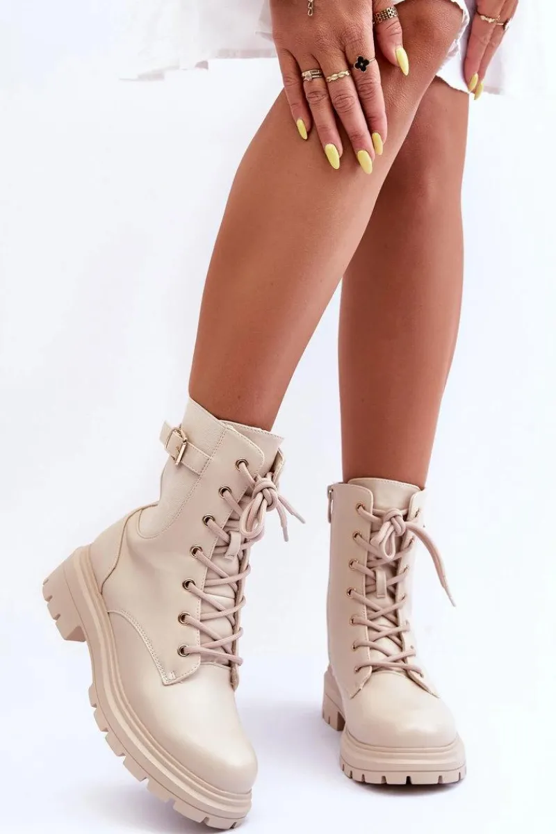 Hot Boto Skórzane Damskie Botki Workery Beżowe Chrezy