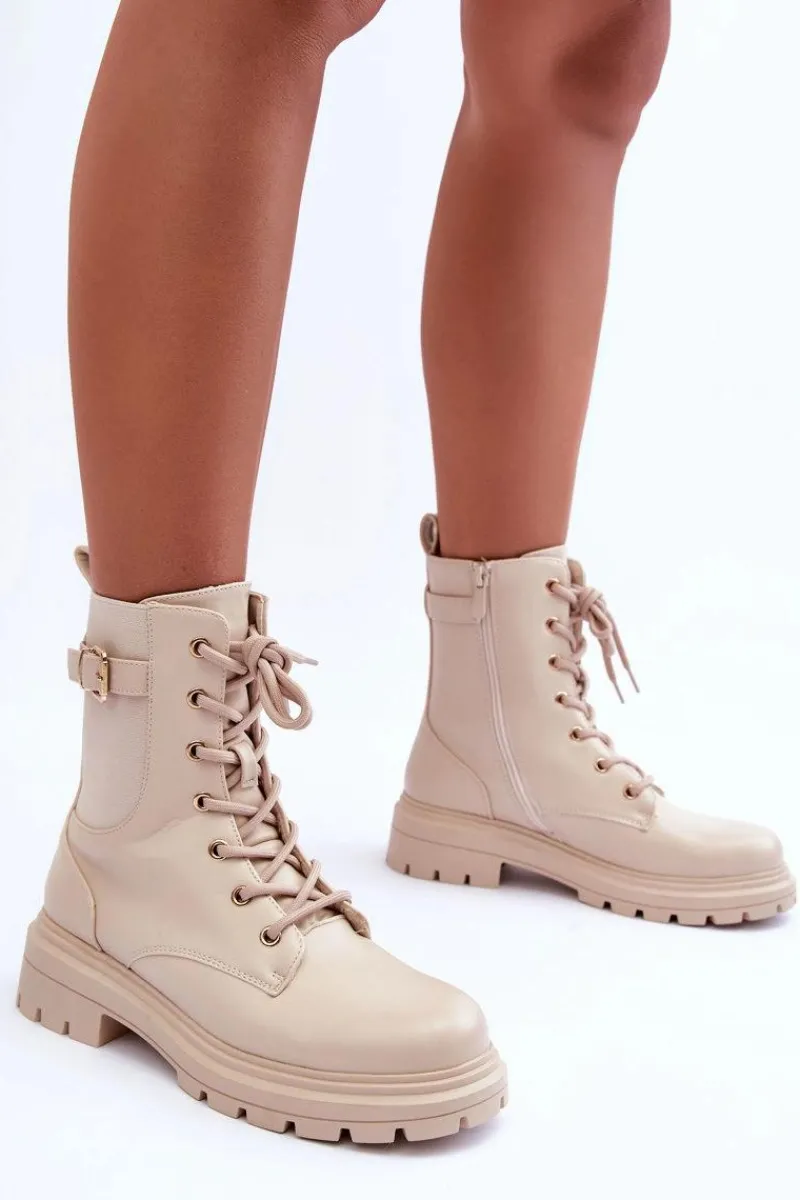 Hot Boto Skórzane Damskie Botki Workery Beżowe Chrezy