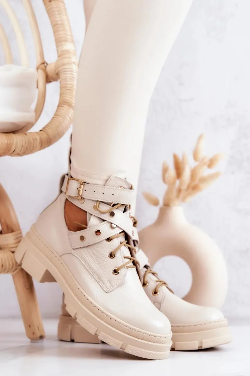 Botki Wiosenne|Botki Skórzane>Boto Skórzane Damskie Botki Z Wycięciami Jasnobeżowe Everly Beżowy