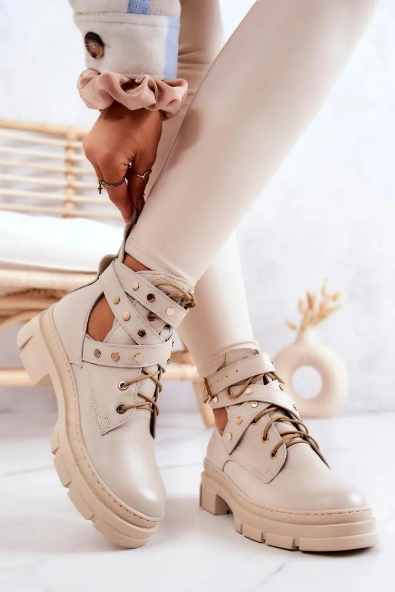 Botki Wiosenne|Botki Skórzane>Boto Skórzane Damskie Botki Z Wycięciami Jasnobeżowe Everly Beżowy