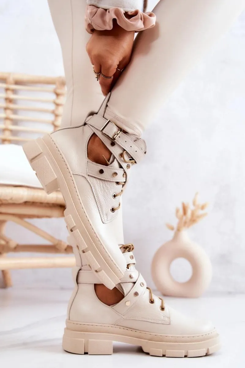 Botki Wiosenne|Botki Skórzane>Boto Skórzane Damskie Botki Z Wycięciami Jasnobeżowe Everly Beżowy