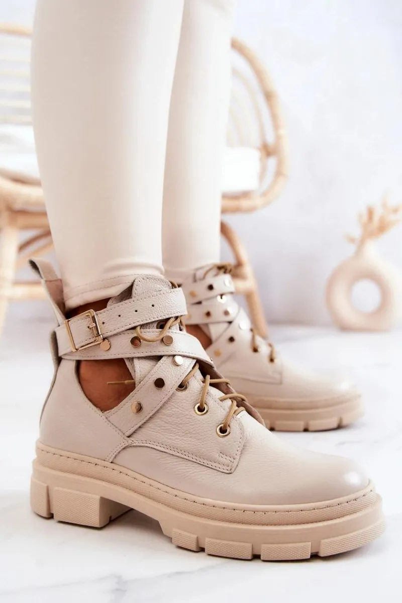 Botki Wiosenne|Botki Skórzane>Boto Skórzane Damskie Botki Z Wycięciami Jasnobeżowe Everly Beżowy