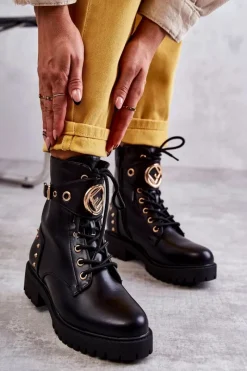 Outlet Boto Skórzane Damskie Botki Z Ćwiekami Czarne Leticia