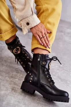 Outlet Boto Skórzane Damskie Botki Z Ćwiekami Czarne Leticia