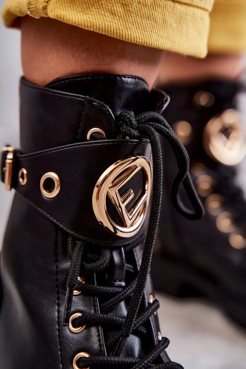 Outlet Boto Skórzane Damskie Botki Z Ćwiekami Czarne Leticia