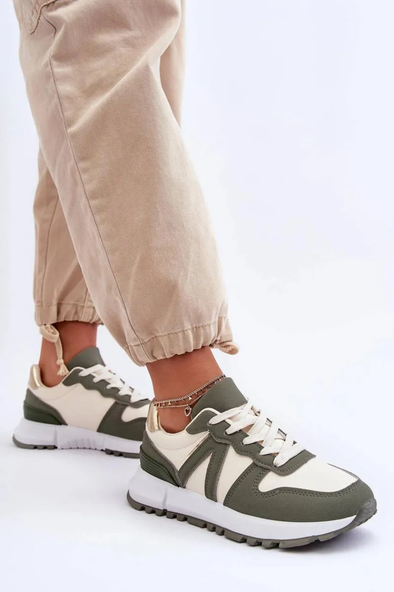 Sneakersy Damskie>Boto Skórzane Damskie Buty Sportowe Zielono-Beżowe Kabama