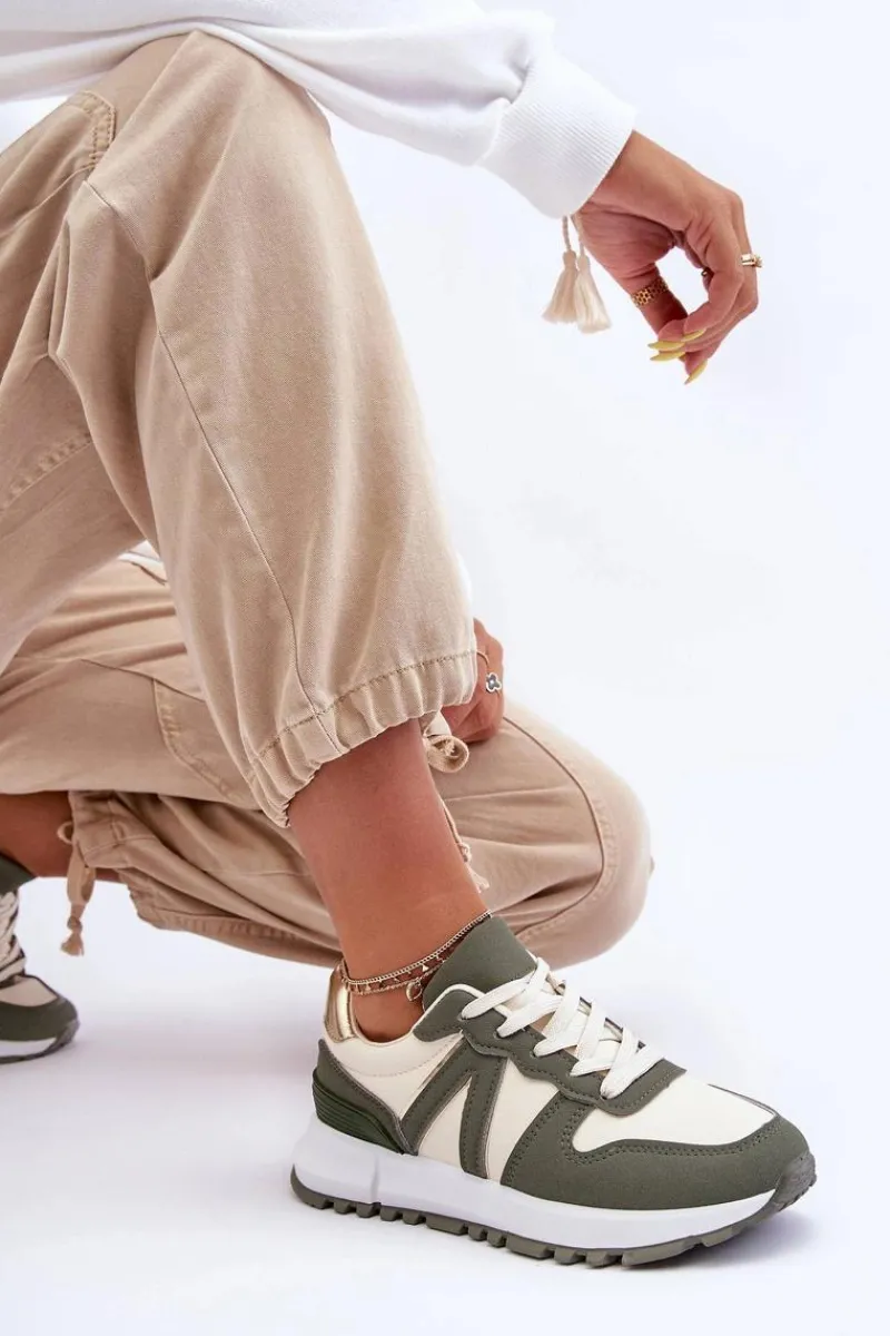 Sneakersy Damskie>Boto Skórzane Damskie Buty Sportowe Zielono-Beżowe Kabama