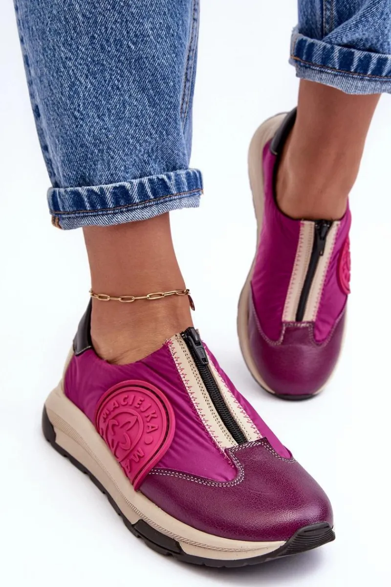 Clearance Skórzane Damskie Buty Sportowe 06296-15 Fuksja Damskie Buty Sportowe Na Platformie