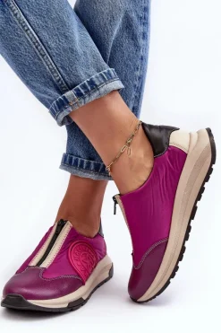 Clearance Skórzane Damskie Buty Sportowe 06296-15 Fuksja Damskie Buty Sportowe Na Platformie