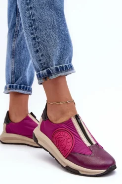 Clearance Skórzane Damskie Buty Sportowe 06296-15 Fuksja Damskie Buty Sportowe Na Platformie