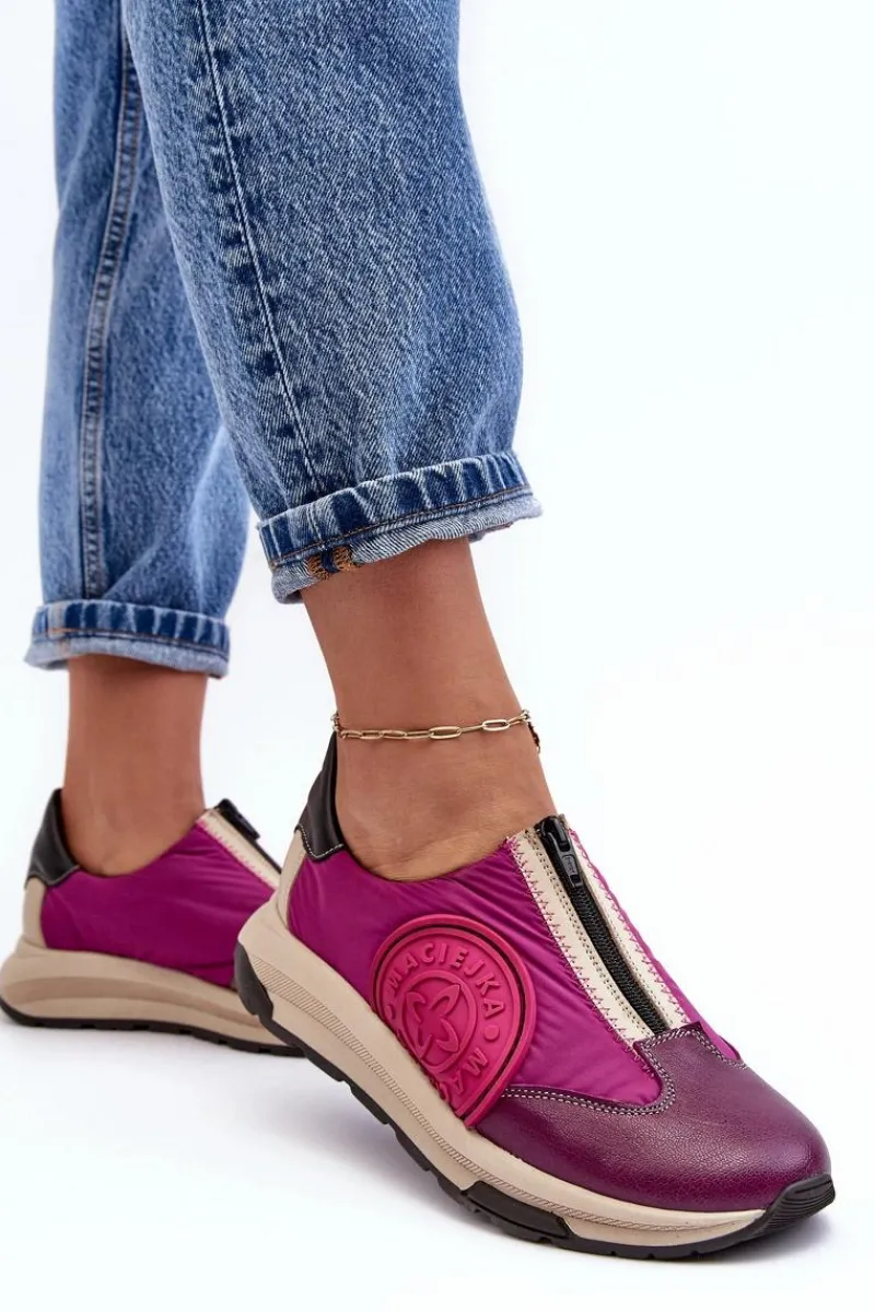 Clearance Skórzane Damskie Buty Sportowe 06296-15 Fuksja Damskie Buty Sportowe Na Platformie