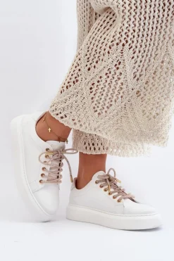 Buty Sportowe Na Platformie></noscript>CheBello Skórzane Damskie Buty Sportowe 4362 Białe
