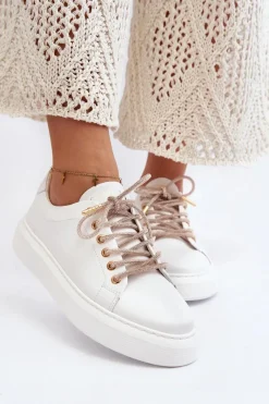 Buty Sportowe Na Platformie></noscript>CheBello Skórzane Damskie Buty Sportowe 4362 Białe