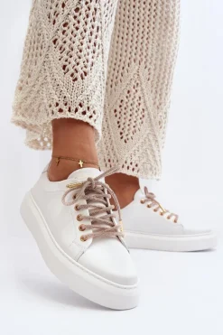 Buty Sportowe Na Platformie></noscript>CheBello Skórzane Damskie Buty Sportowe 4362 Białe