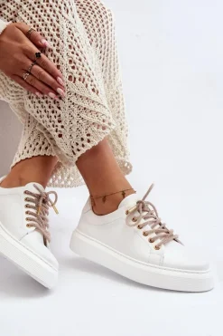 Buty Sportowe Na Platformie></noscript>CheBello Skórzane Damskie Buty Sportowe 4362 Białe
