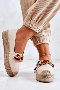 Czarne Espadryle></noscript>Boto Skórzane Damskie Espadryle Z Łańcuchem Jasnobeżowe Fancy