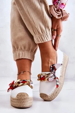 Best Boto Skórzane Damskie Espadryle Z Łańcuchem Białe Fancy