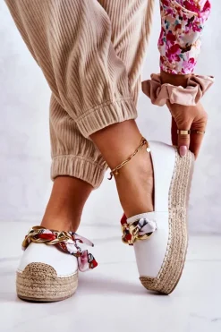 Best Boto Skórzane Damskie Espadryle Z Łańcuchem Białe Fancy