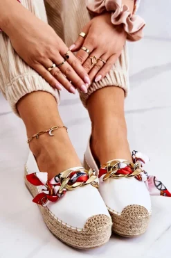 Best Boto Skórzane Damskie Espadryle Z Łańcuchem Białe Fancy