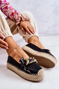 Best Skórzane Damskie Espadryle Z Łańcuchem Czarne Fancy Damskie Czarne Espadryle