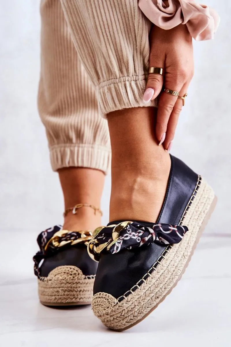 Best Skórzane Damskie Espadryle Z Łańcuchem Czarne Fancy Damskie Czarne Espadryle