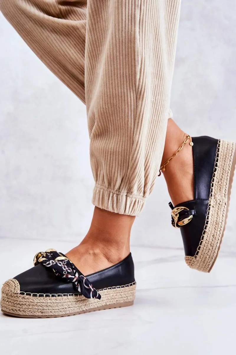 Best Skórzane Damskie Espadryle Z Łańcuchem Czarne Fancy Damskie Czarne Espadryle