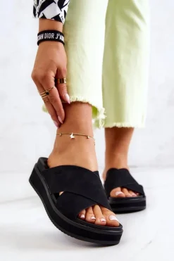 Best Big Star Shoes Skórzane Damskie Klapki Big Star JJ274721 Czarne