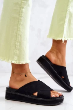 Best Big Star Shoes Skórzane Damskie Klapki Big Star JJ274721 Czarne