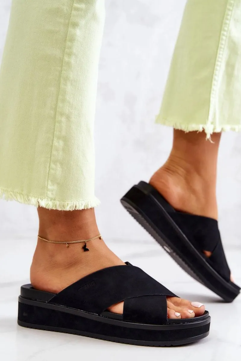 Best Big Star Shoes Skórzane Damskie Klapki Big Star JJ274721 Czarne