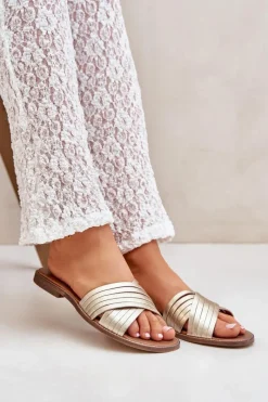 Clearance Boto Skórzane Damskie Klapki Lewski Shoes 3682 Złote Złoty