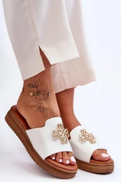 Online Skórzane Damskie Klapki Na Platformie z Ozdobą Białe Azera Damskie Klapki Na Platformie|Klapki Damskie Klasyczne