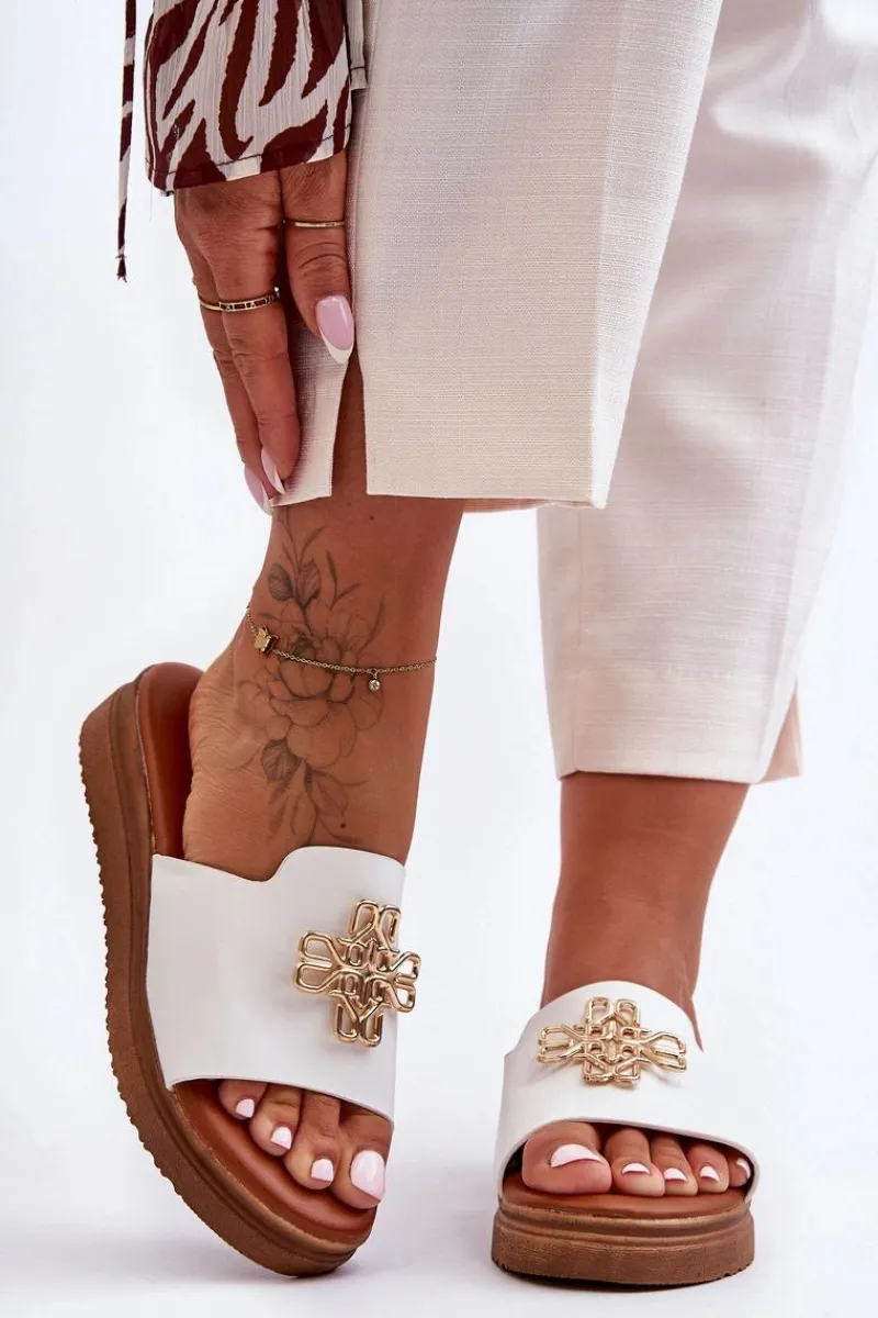 Online Skórzane Damskie Klapki Na Platformie z Ozdobą Białe Azera Damskie Klapki Na Platformie|Klapki Damskie Klasyczne