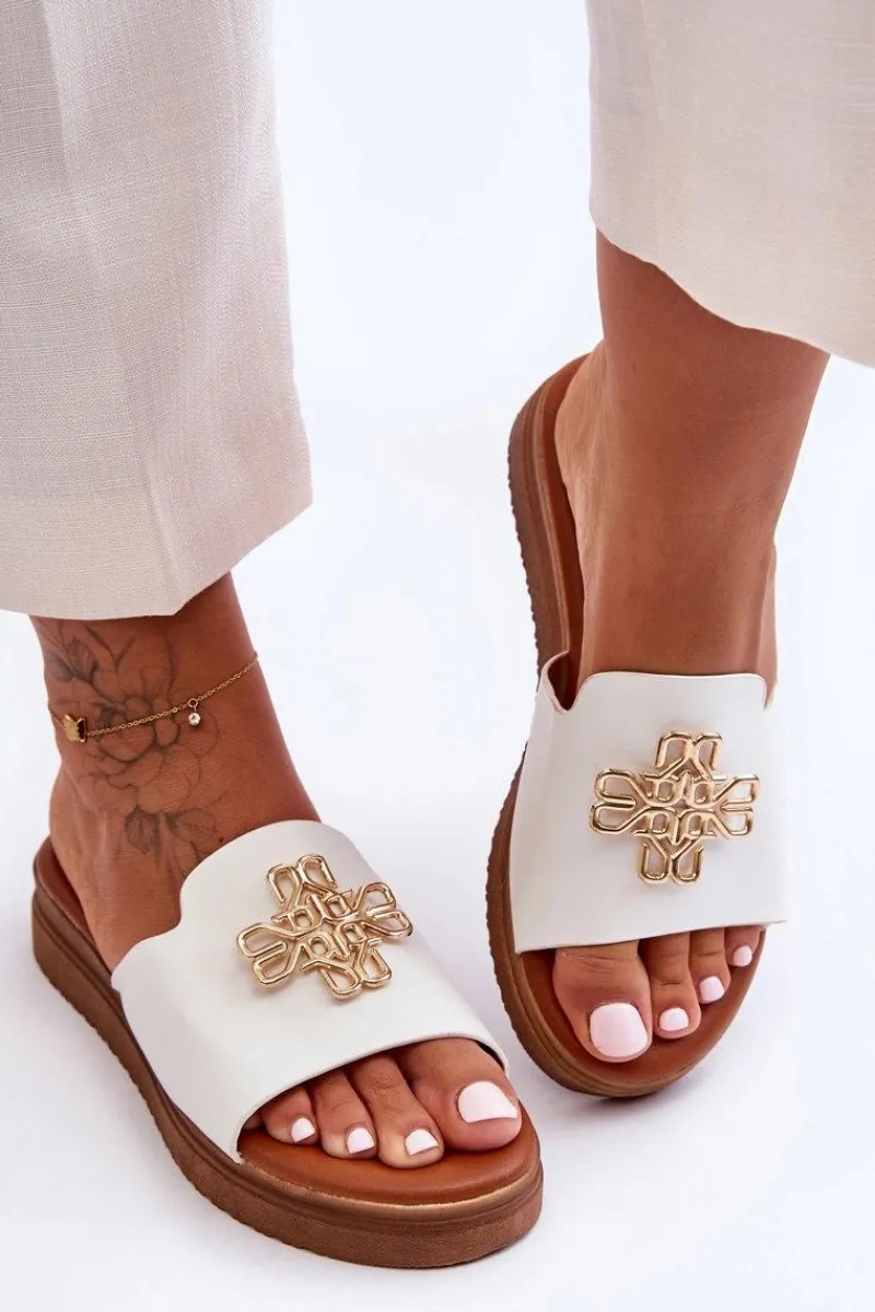 Online Skórzane Damskie Klapki Na Platformie z Ozdobą Białe Azera Damskie Klapki Na Platformie|Klapki Damskie Klasyczne