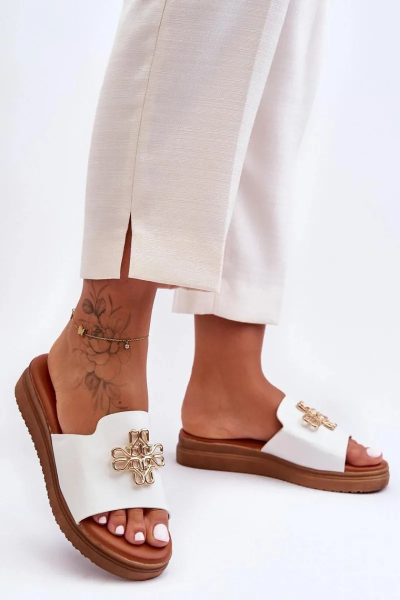 Online Skórzane Damskie Klapki Na Platformie z Ozdobą Białe Azera Damskie Klapki Na Platformie|Klapki Damskie Klasyczne