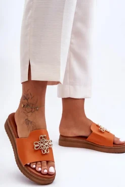 Best Boto Skórzane Damskie Klapki Na Platformie z Ozdobą Pomarańczowe Azera