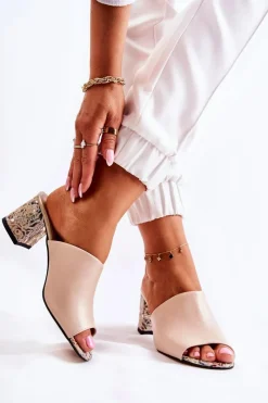 Klapki Na Obcasie|Klapki Damskie Klasyczne>Boto Skórzane Damskie Klapki Na Obcasie Kwiaty Beżowe Nessita