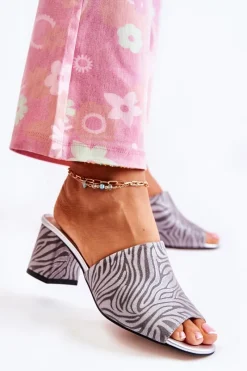 Klapki Na Obcasie|Klapki Damskie Klasyczne>Boto Skórzane Damskie Klapki Na Obcasie Zebra Szare Nessita Szary