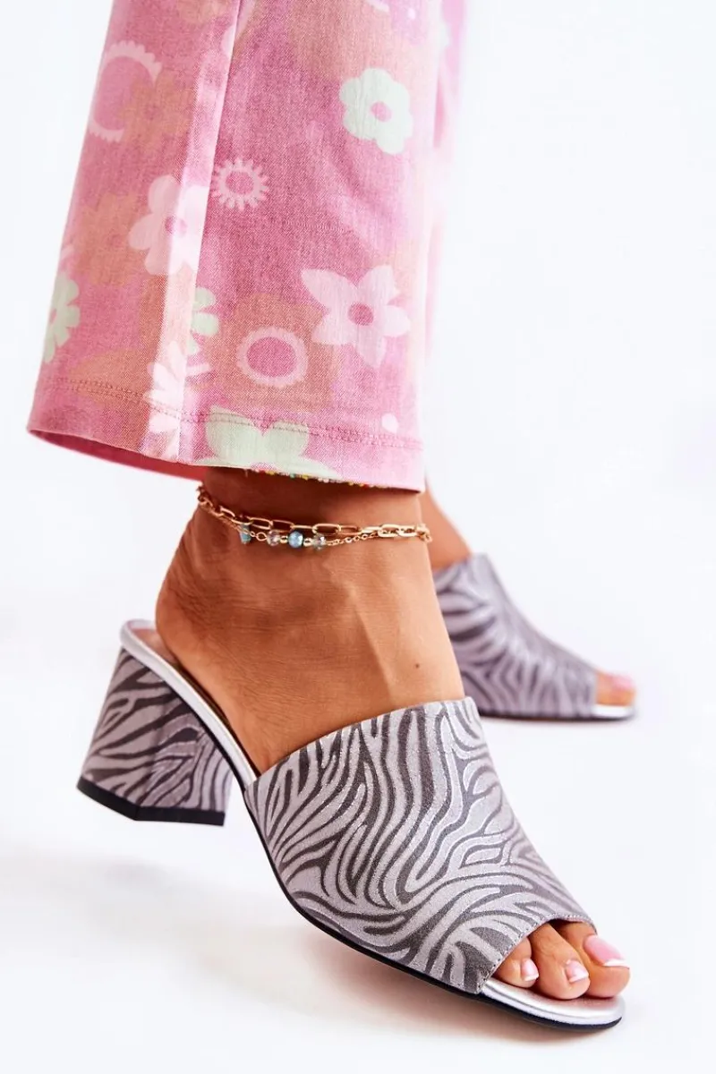 Klapki Na Obcasie|Klapki Damskie Klasyczne>Boto Skórzane Damskie Klapki Na Obcasie Zebra Szare Nessita Szary