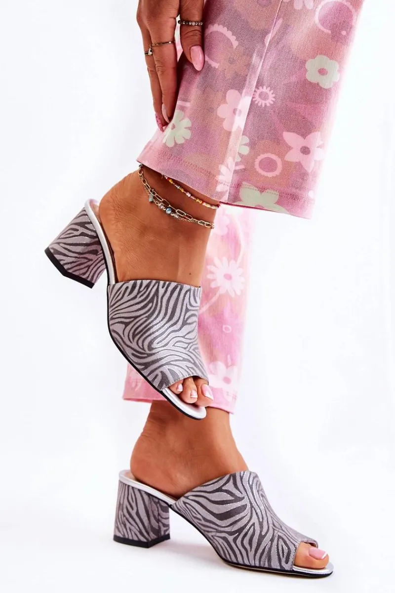 Klapki Na Obcasie|Klapki Damskie Klasyczne>Boto Skórzane Damskie Klapki Na Obcasie Zebra Szare Nessita Szary