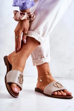 Best Skórzane Damskie Klapki Nicole 2735 Beżowe Damskie Klapki Damskie Klasyczne